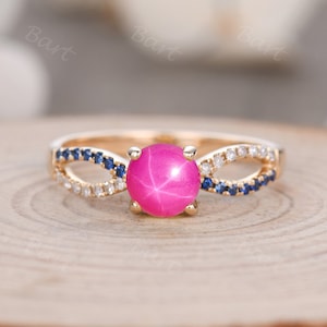 Pink Star Sapphire Round Ring 6mm, Sapphire Diamond Split Shank Wedding Ring, Rose Gold 10k Split Shank Pink Star Sapphire Engagement Ring
