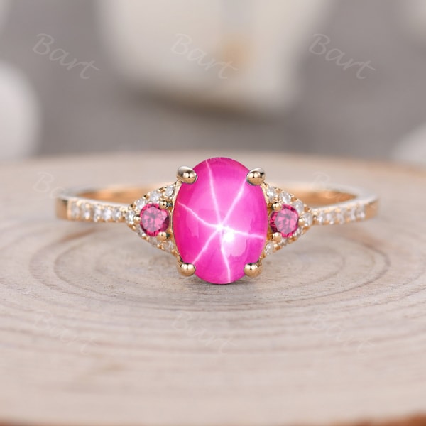 Oval 6x8mm pink Lindy Star Sapphire Ring,S925 Rose Gold Star Sapphire Boho Ring Jewelry,Vintage Barbie Ring Jewelry,Engagement Gift for Her