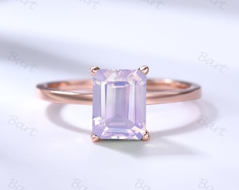 Emerald Cut Lavender Amethyst Engagement Ring Prong Set Crystal Solitaire Ring Women 14k Rose De France Amethyst Ring Emerald Purple Ring