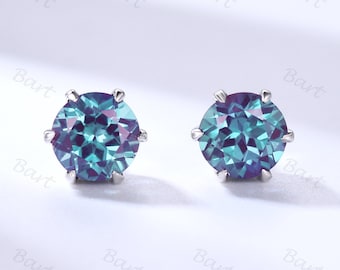 5mm Classic Round Alexandrite Earrings Solitaire Round Alexandrite Studs Real 14k White Gold Genuine Lab Alexandrite Stud Earrings Screwback