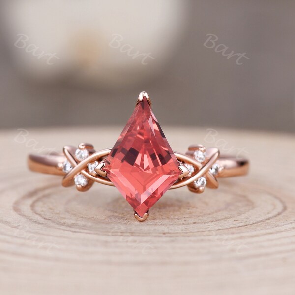 Padparadscha Sapphire Kite Ring 14k Rose Gold Pink Padparadscha Sapphire Bague de fiançailles Padparadscha Sapphire Crossover Kite Wedding Ring