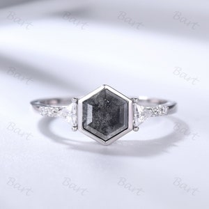 1.1 Carat Black Hexagon Diamond Engagement Ring, Bezel Zoe Setting, 14K white gold salt and pepper diamond ring, triangle moissanite side
