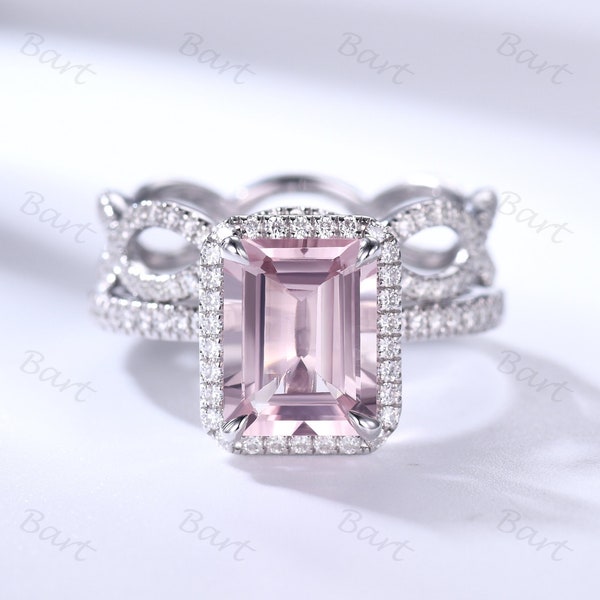 14K White Emerald Cut Natural Pink Morganite Wedding Ring Set Moissanite Halo Morganite Ring Twist Loop Infinity Band Anniversary Women Gift