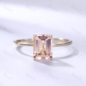 Minimalistischer Morganit Gold Solitär Ring Smaragdschliff Morganit Versteckter Halo Ring Frauen Gelbgold Morganit Jahrestag Ring Für Sie