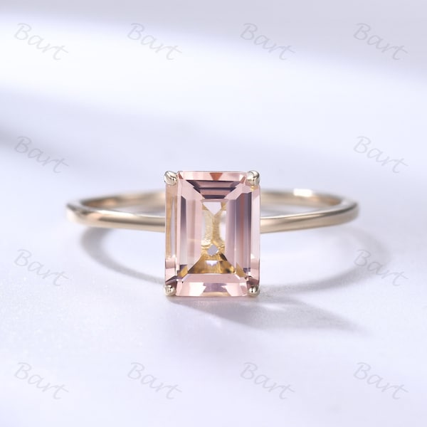 Minimalist Natural Morganite Gold Solitaire Ring Emerald Cut Morganite Hidden Halo Ring Women Yellow Gold Morganite Anniversary Ring For Her