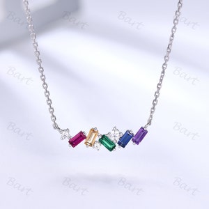 Baguette Cluster Necklace Mix Scattered Mini Bar Pendant/ Girl&#39;s Multi-color Birthstone Necklace / 14K White Gold Rainbow Sapphire Necklace