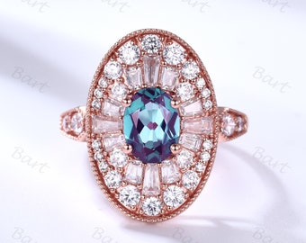 Oval Shape Ballerina Oval Alexandrite Mosaic Ring Inline Ring Setting 21x14mm Boulder Ring,Double halo Alexandrite statement ring rose gold