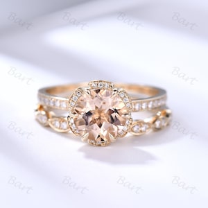 Flower Round Morganite Engagement Ring Diamond Hidden Halo Yellow Gold Unique Bridal Set Art Deco Antique Diamond Stacking Anniversary 2pcs