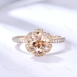 Floral Morganite Engagement Ring: Diamond Halo Crown, Yellow Gold