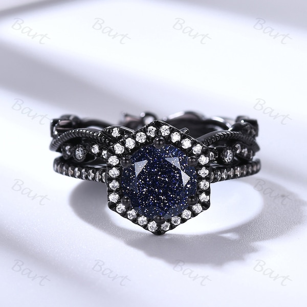 7mm round halo blue sandstone Engagement Ring Set All Black galaxy blue sandstone ring vintage Gold Jewelry,14K Orion Nebula Star Space Ring