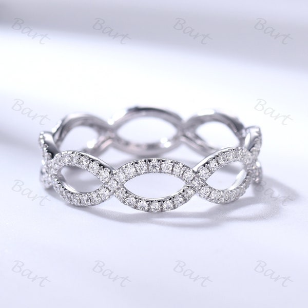 Full Eternity Round Moissanite Infinity Wedding Band Ring 10K White Gold Women Spiral Twisted Braided Infinity Crossover Band Loop Eternity