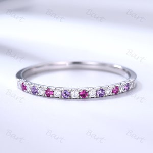 Platinum Half Eternity Band: Moissanite, Ruby, Amethyst Stacking Ring