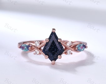 Unique Galaxy Blue sandstone Ring 14K rose gold Kite Blue sandstone Engagement Ring Marquise alexandrite Twig Vine Ring for Mothers Day Gift