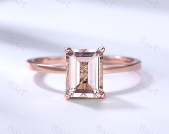 Minimalist Natural Morganite Gold Solitaire Ring, Emerald Cut Morganite Hidden Halo Ring, Women Rose Gold Morganite Anniversary Ring For Her