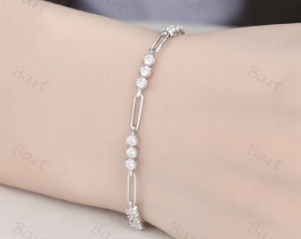 Elegant Triplet Moissanite Chain Bracelet,1.65ct Moissanite Tennis Bracelet in Silver, 3mm Round Prong Moissanite Paper Clip Tennis Bracelet