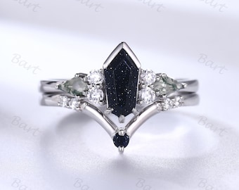 Coffin Kite Galaxy Sandstone Ring Set 14K 18K White Gold Engagement Ring Unique Nebula Ring Vintage Coffin Blue Sandstone Ring Kite Agate