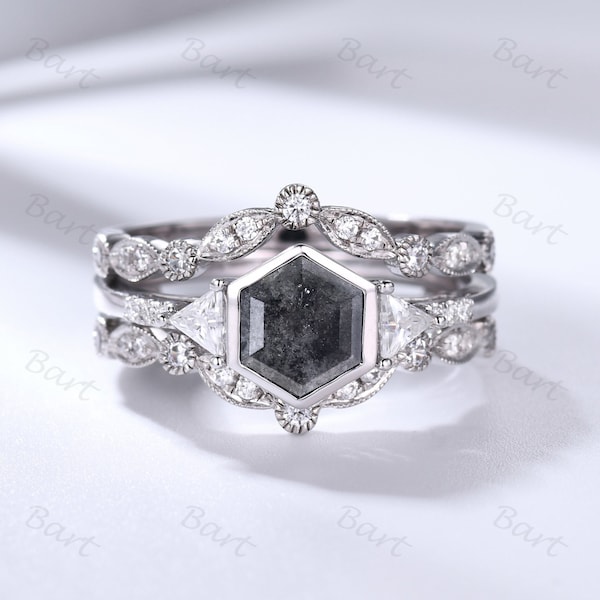 bezel set Hexagon Salt Pepper Diamond Ring Set, 14k white gold vintage diamond enhancer band three stone Women Promise Ring Anniversary Gift