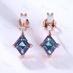 Diamond Shape Alexandrite Opal Drop Earrings Rhombus Cut Alexandrite Earrings June birthstone graduation gift, Women Lozenge Dangle Earrings