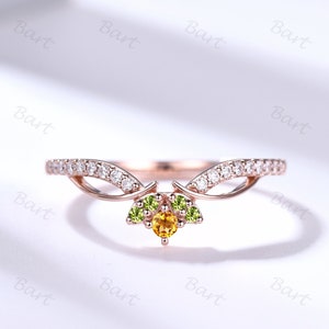 Vintage Citrine Peridot Wedding Band, Rose Gold Moissanite Chevron Band Art Deco Crown Matching Band Flower Curved Twist Stackable Ring
