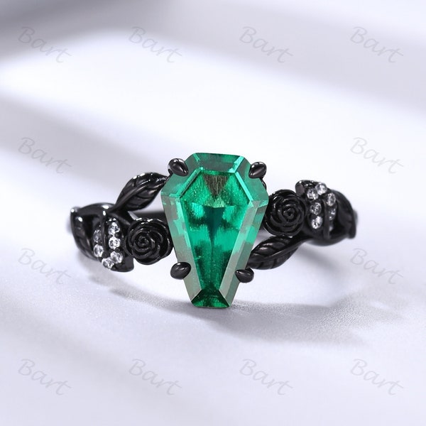 Art Deco Coffin Emerald Ring Black Gold Floral Leaf Ring Vintage Mother May Birthstone Ring Unique Nature Inspired Coffin Cut Bridal Ring