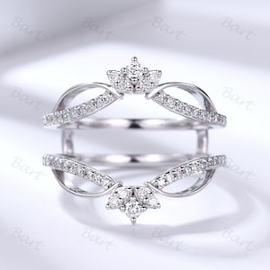 Vintage Diamond Enhancer Wedding Band, 14k White Gold Double Curved Stacking Band Enhancer Band, Floral Personalized Ring, Anniversary Gift