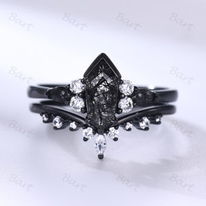 Art Deco Coffin Shaped Black Rutile Engagement Ring Set Vintage Black Rutilated Quartz Ring Set Black Gold Rutilate Antique Wedding Ring Set