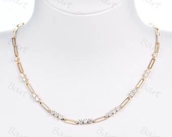 Sparkle Link Necklace 14k Yellow Gold, 3mm Moissanite Paper Clip Tennis Necklace, Women Unique Paperclip Chain Bridal Necklace Mother&#39;s Gift