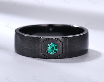 5.6mm Solid Black Gold Men Hexagon Cut Emerald Wedding Band Green Emerald Engagement Ring Hexagon May Emerald Matte Finish Men Stacking Band