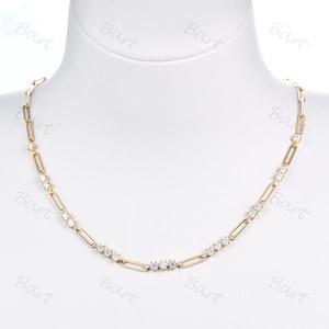 Sparkle Link Necklace 14k Yellow Gold, 3mm Moissanite Paper Clip Tennis Necklace, Women Unique Paperclip Chain Bridal Necklace Mother's Gift