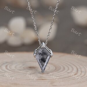 Kite Cut Salt & Pepper Diamond Necklace: 14k White Gold Solitaire Pendant