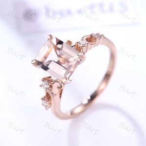 Emerald Cut Morgainite Retro Gold Ring,Vintage Peach Morganite Engagement ring Natural Morganite Emerald Shape Filigree Wedding Ring Promise