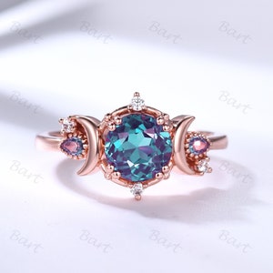 Vintage Color Changing Lab Alexandrite Ring 7mm Round, Moon of My Life Wedding Ring, Sailor Moon Alexandrite Wedding Ring Promise Rose Gold