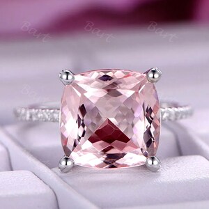 Vintage Natural Pink Morganite Engagement Ring Hidden Diamond Halo Ring 10mm Cushion Cut 14K White Gold Art Deco Women Anniversary Ring