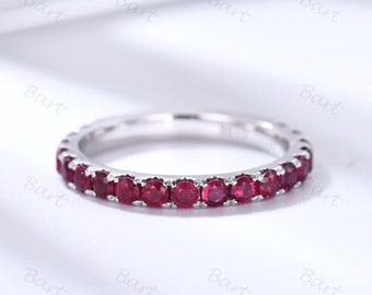 Natural Ruby Band 2mm Round 3/4 Eternity Band Micro Pave Ruby Ring Wedding Band For Her Pink Ruby Guard Band July Birthday Anniversary Gift