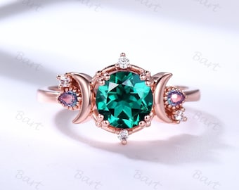 Vintage May Emerald Ring 7mm Round, Rose Gold Emerald Ring, Moon of My Life Wedding Ring, Sailor Moon Green Emerald Ring Mother's Day Gift