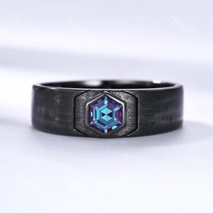 7mm Wide Men Brushed Engagement Ring Alexandrite Bezel Band for Husband, His Wedding Band Black Gold Hexagon Alexandrite Wedding Matte Ring