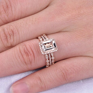 Morganite rose gold engagement ring set Art deco diamond stacking ring set Baguette cut morganite Vintage rings for women Diamond halo ring