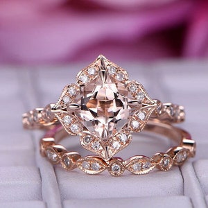 Art Deco Natural Morganite Ring Set Rose Gold Floral Diamond Halo Ring Morganite Jewelry Diamond Stacking Band Anniversary Gift For Women