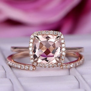 Cushion Cut Morganite Ring Set Rose Gold Pink Morganite Ring Diamond Bridal Ring Set Vintage Ring Set Morganite Rings For Women Halo Ring
