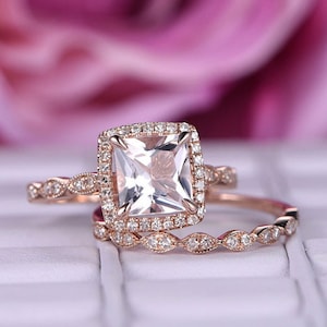 Natural morganite rose gold engagement ring,Art deco diamond ring,Stacking ring set,Vintage rings for women,Marquise set,Diamond halo ring