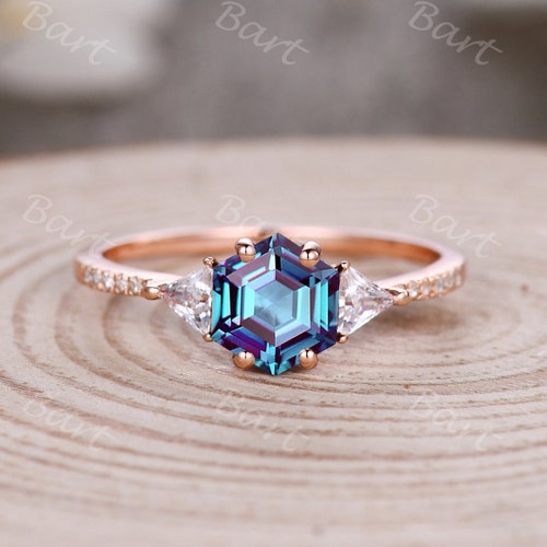 Vintage alexandrite engagement ring,Hexagon cut alexandrite ring for women,Art deco moissanite ring,14k rose gold shops promise personalized ring