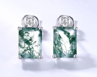 Pendientes de plata de ley con ágata musgosa talla esmeralda: tachuelas de ágata verde