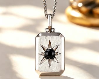 Mens Black Onyx Dog Tag Pendant Necklace Sterling Silver Unique Black Gemstone Star Compass Pendant Anniversary Birthday Gift for Him
