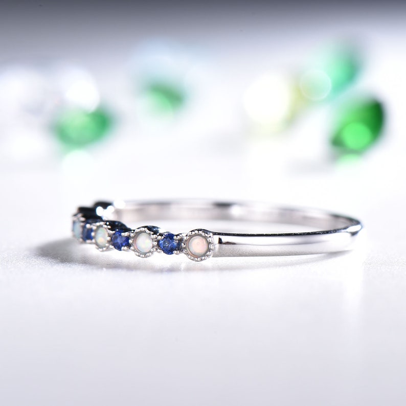 Natural Blue Sapphire 14k White Gold Opal Wedding Ring Stackable Band Dainty Women Engagement Anniversary Gift Bridal Set Jewelry