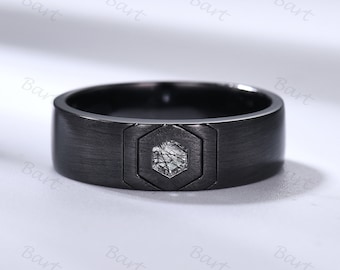 Black Gold Men Hexagon Cut Black Quartz Wedding Band Black Rutilated Quartz Engagement Ring Brushed Finished Men's Band His Wedding band