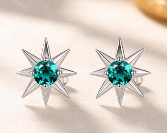 Emerald Celestial Star Stud Earrings 925 Sterling Silver Green Gemstone Push Back Earrings May Birthstone Minimalist Earring for Him and Her