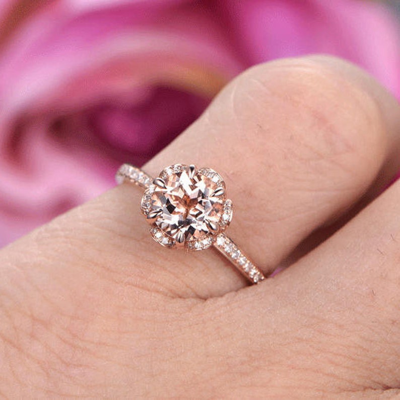 7mm Round Cut Morganite Engagement ring/14k Rose gold diamond | Etsy