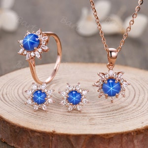 Vintage Floral Star Sapphire Bridal Jewelry Set, Silver Rose Gold Round Blue Star Sapphire Necklace,Studs & Ring for Women Jewelry Set Gift