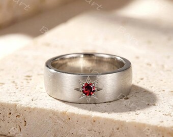 Mens Red Garnet North Star Wedding Band 6mm Silver White Gold Brushed Finish Red Gemstone Compass Ring January Birthstone Celestial Ring