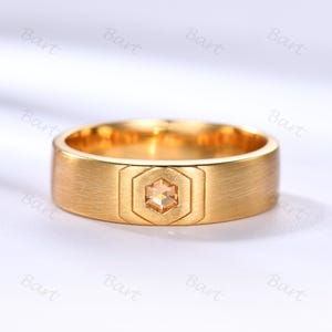 Men Citrine Wedding Band Hexagon Cut Yellow Crystal Band Gold Ring Brushed Stacking Matching Band Vintage Matte Wedding Ring Gift for Him